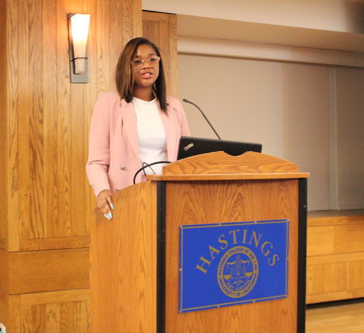 Nikayla Johnson gives a speech at UC Hastings law school.