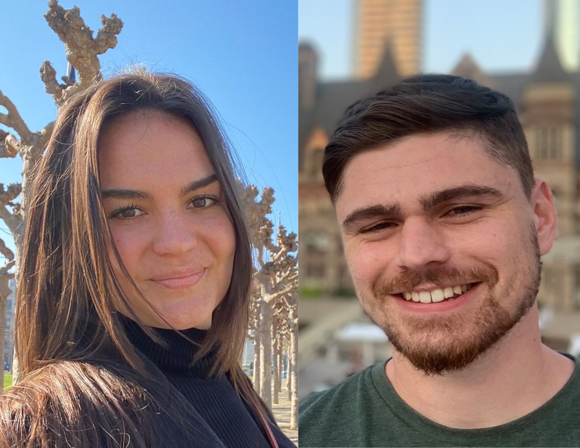 headshots of two recent law school graduates posting outdoors in San Francisco